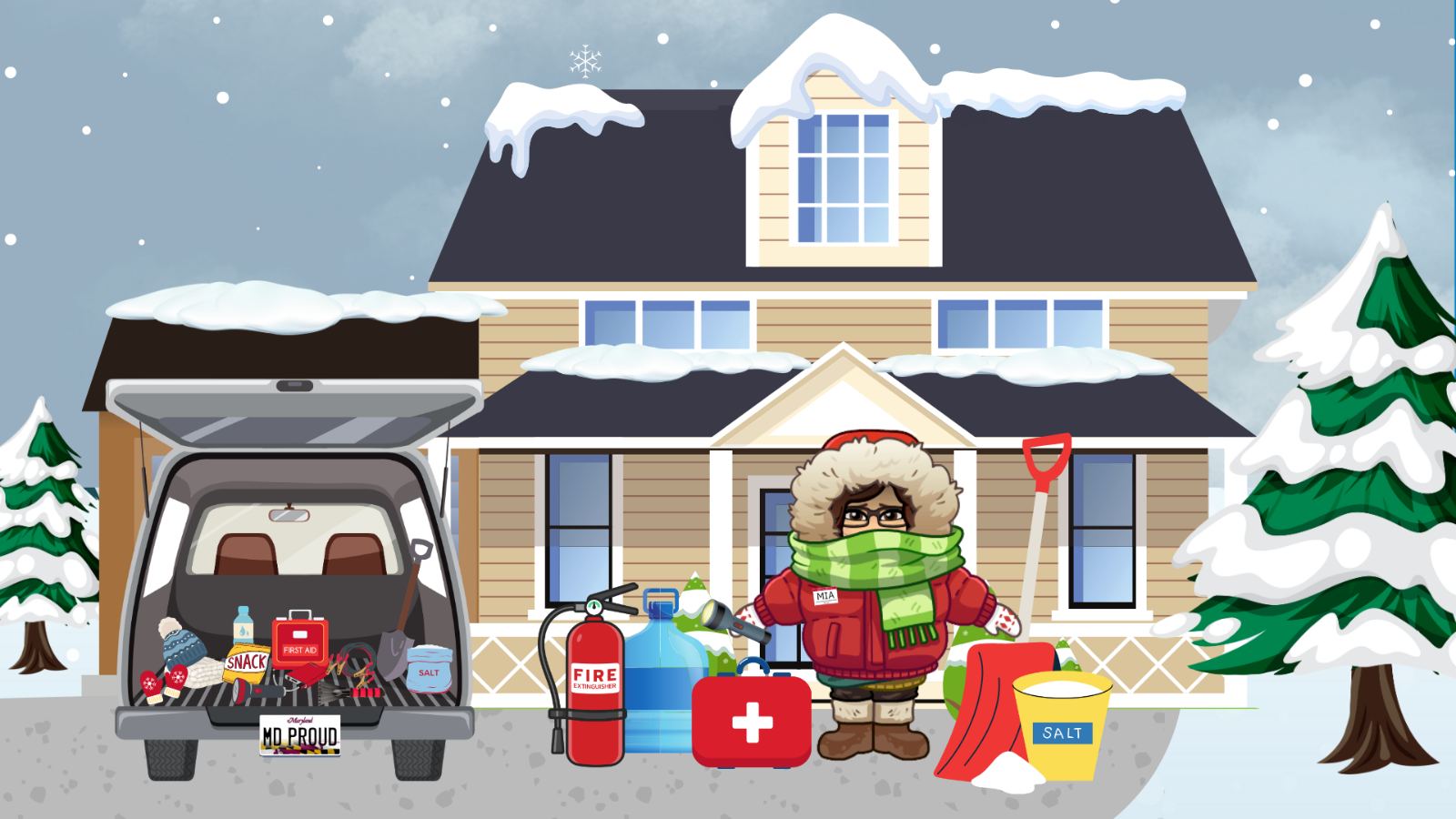 Character MIA is bundled up with her snow shovel, salt, and car full of emergency supplies.